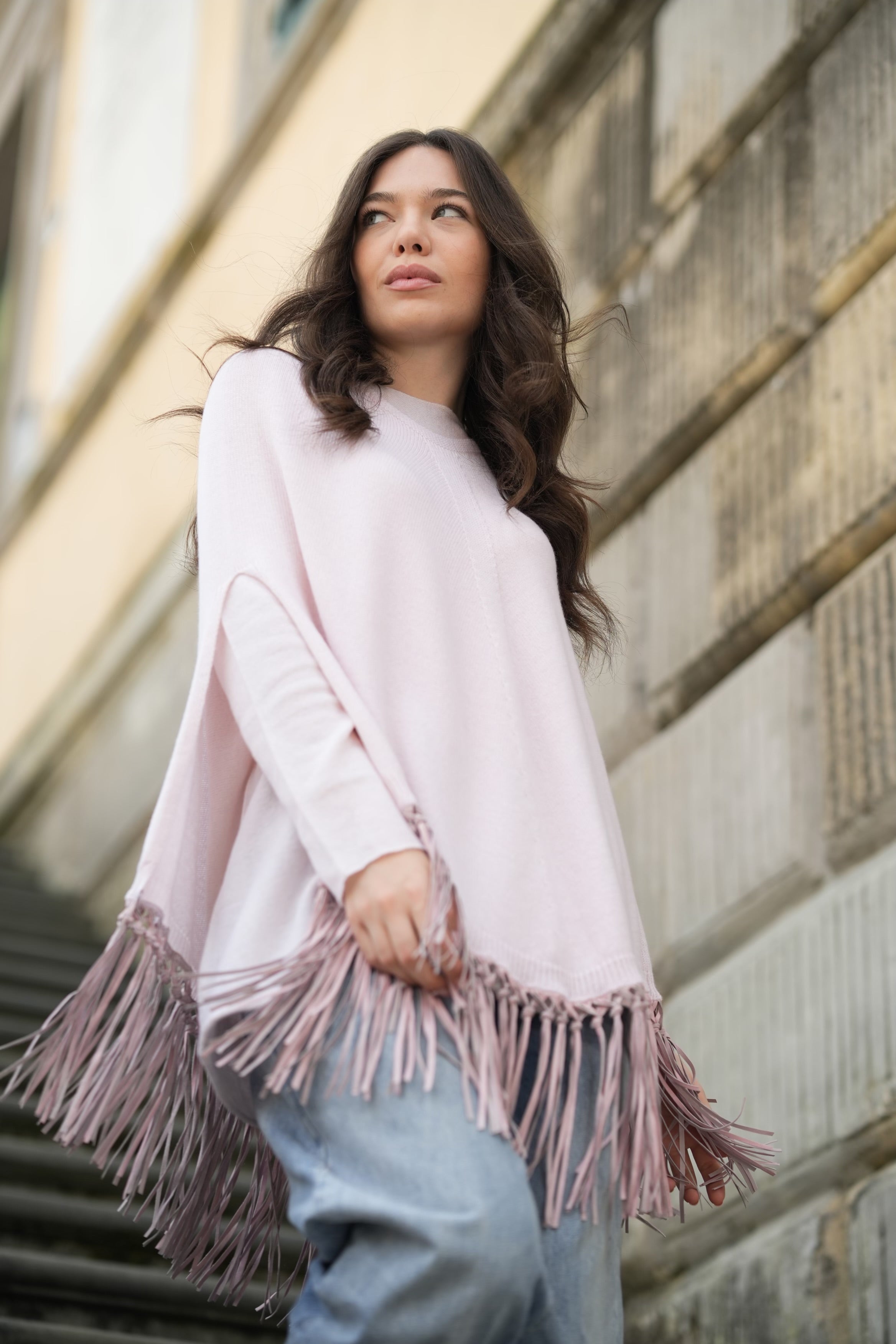 Poncho Donna JFAN Invernale Con Cappuccio - Mantella Elegante A Righe Con Frange, Taglia Unica - Foto 2